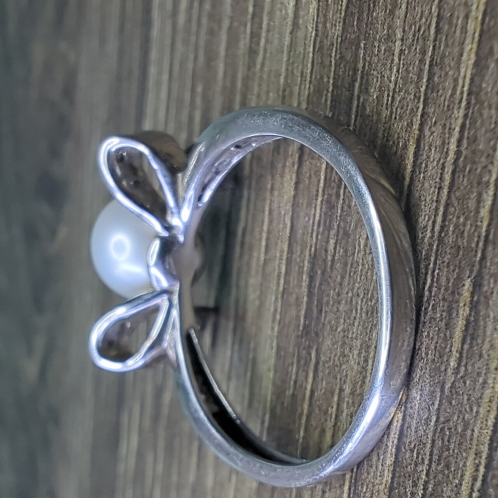 Diamond & Pearl 925 Sterling Silver Bow Ring Size 7 - Picture 9 of 14